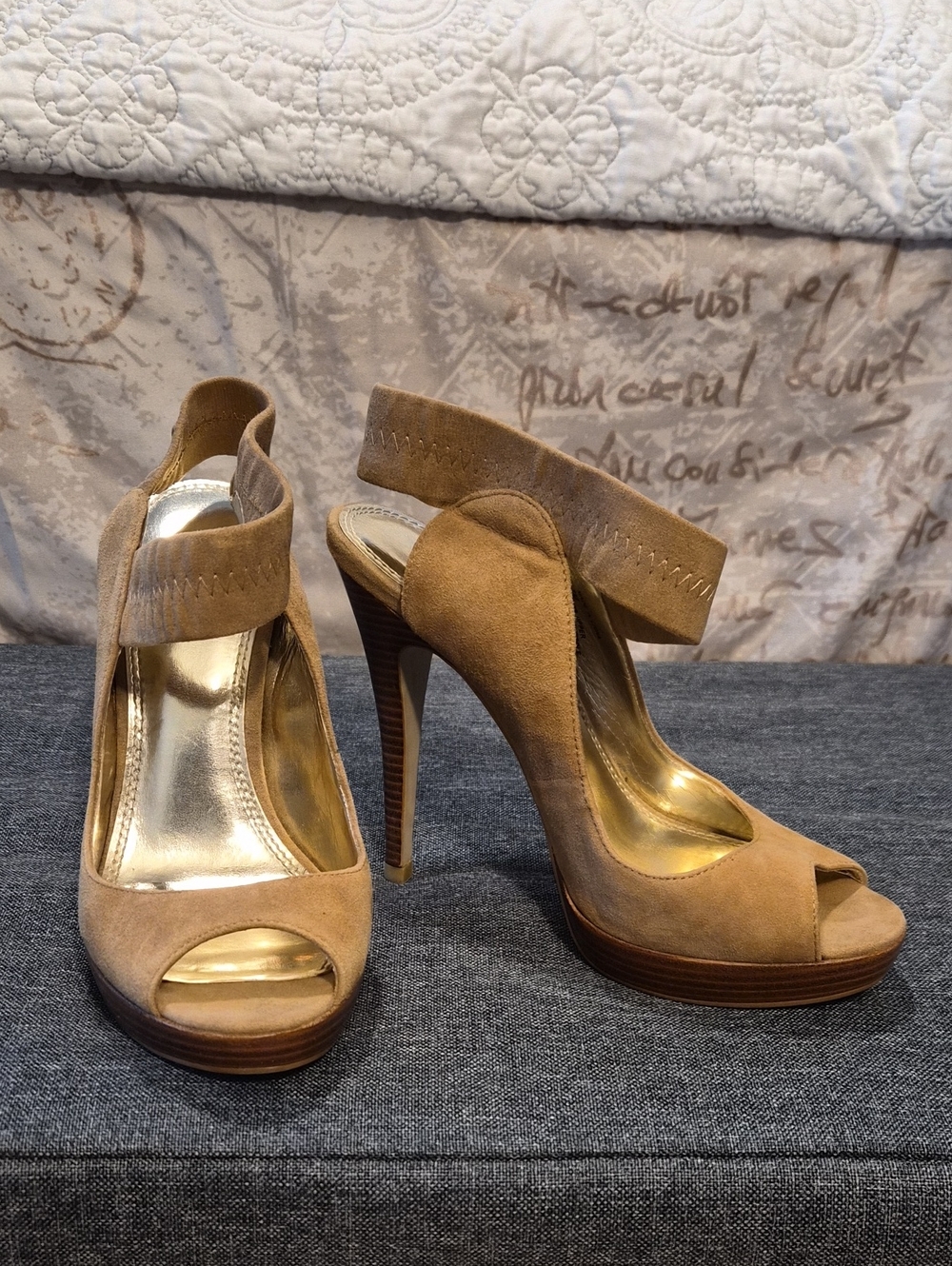 Bakaers Women's Suede Peep-Toe High Heels with Ankle Strap in Tan